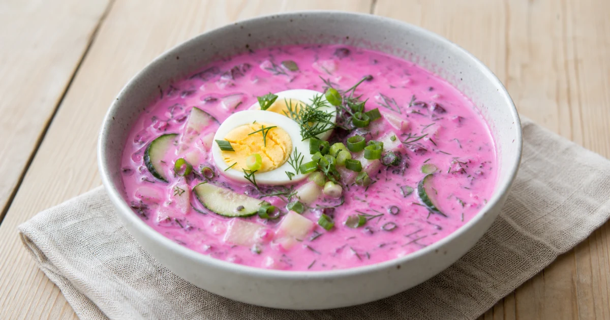 Bowl of Latvian aukstā zupa with beetroot, cucumber, egg and dill