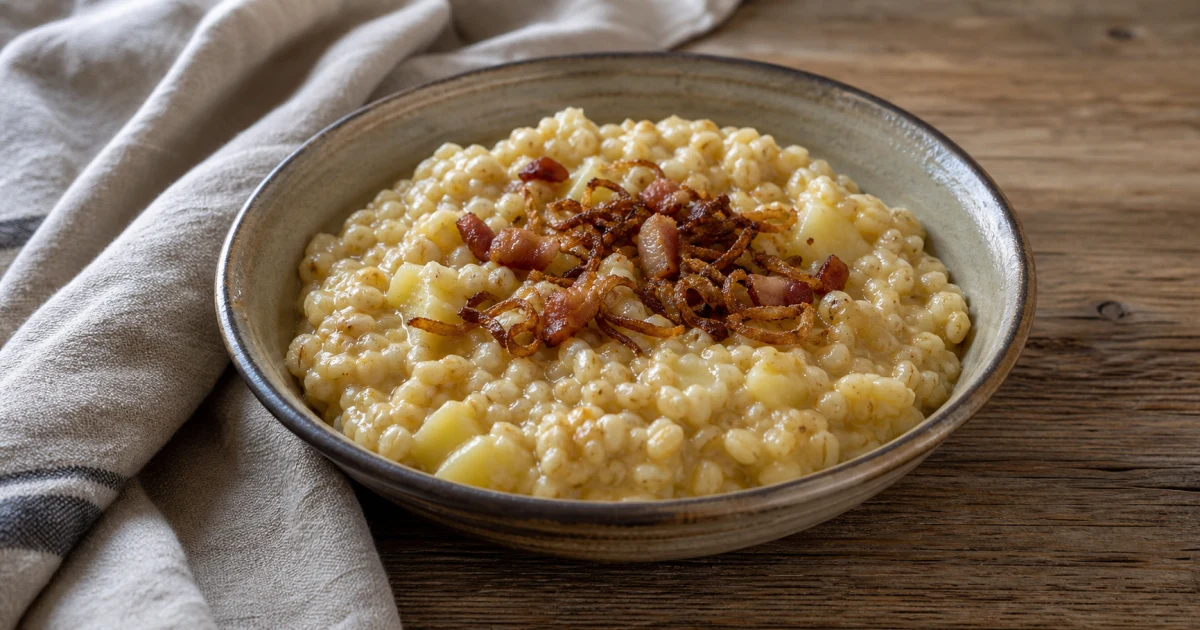 Bowl of Latvian bukstiņputra potato and barley porridge