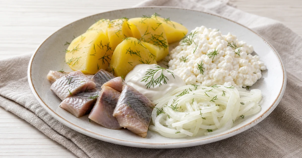 Latvian plate of potatoes with herring, fresh curd and onion