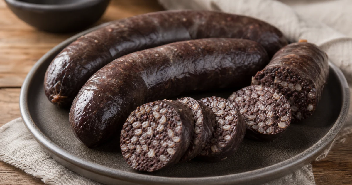 Slices of Latvian putraimdesa barley blood sausage on a plate