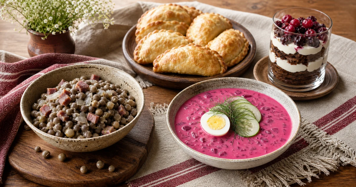 Traditional Latvian dishes including grey peas, pīrāgi, cold beetroot soup and rye-bread dessert