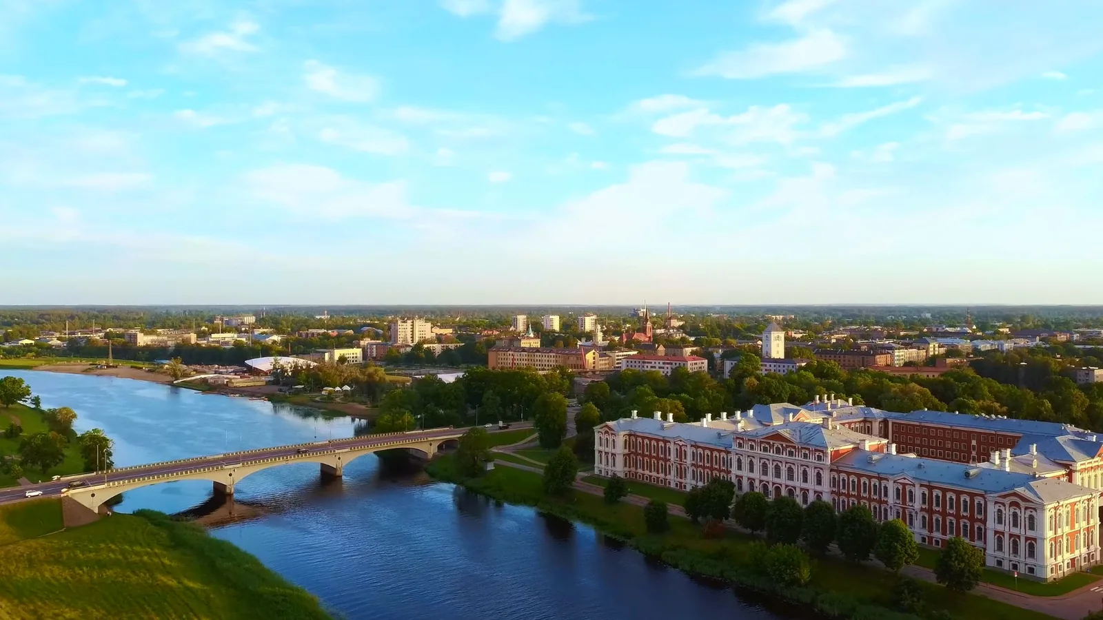 Aerial view of Jelgava Palace beside the Lielupe and bridge