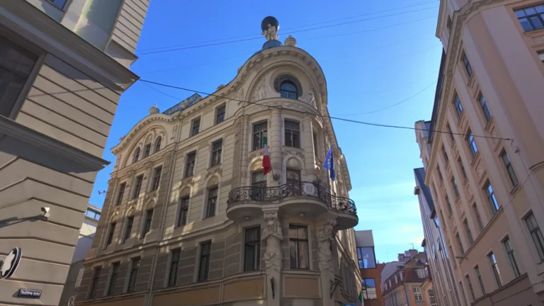 Ornate historic architecture on Teātra iela in Riga