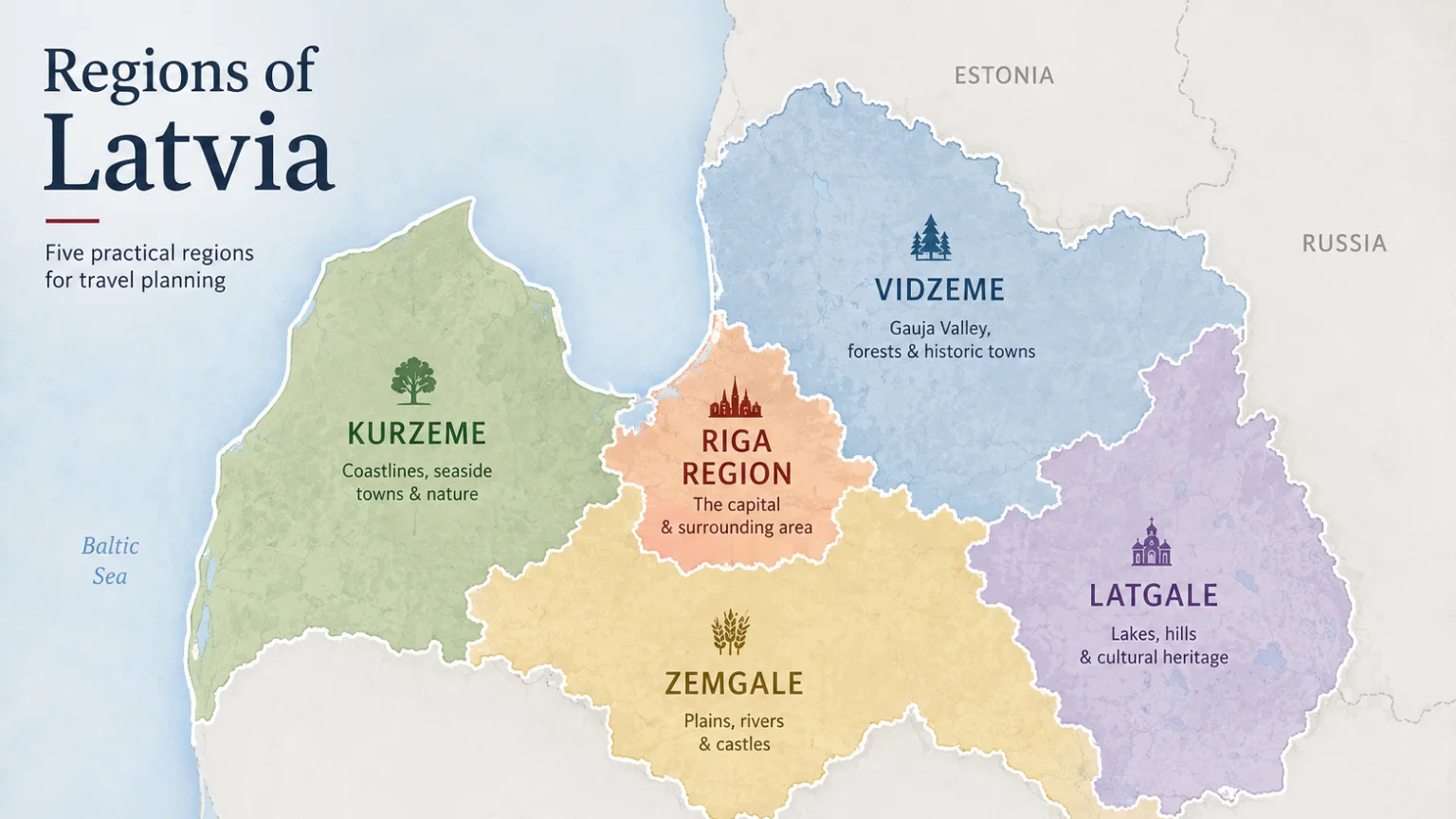 Illustrated map showing Latvia's five practical travel regions: Kurzeme, Riga Region, Vidzeme, Zemgale and Latgale